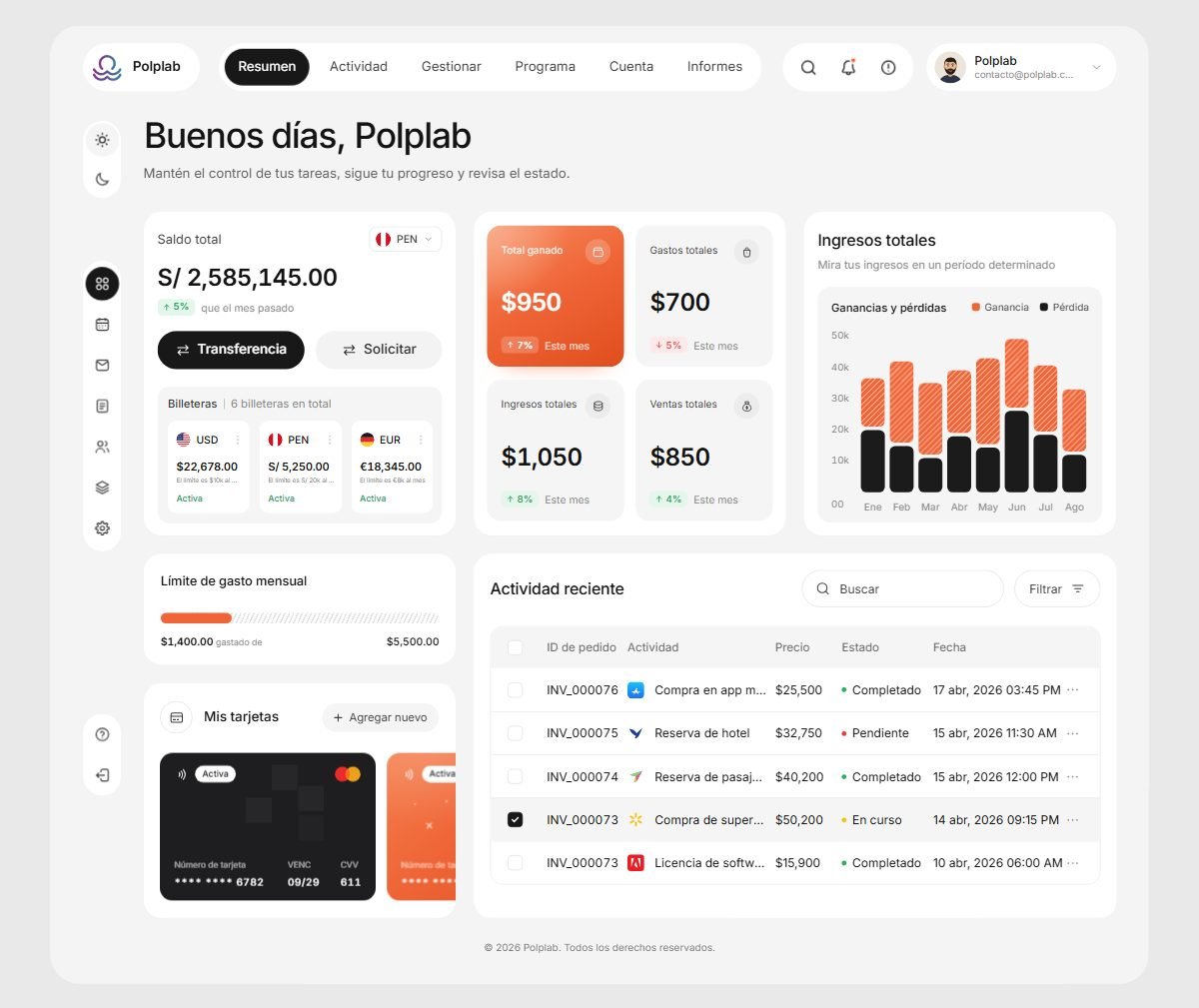 Pantalla de resumen del Dashboard con saldo total, billeteras y actividad reciente