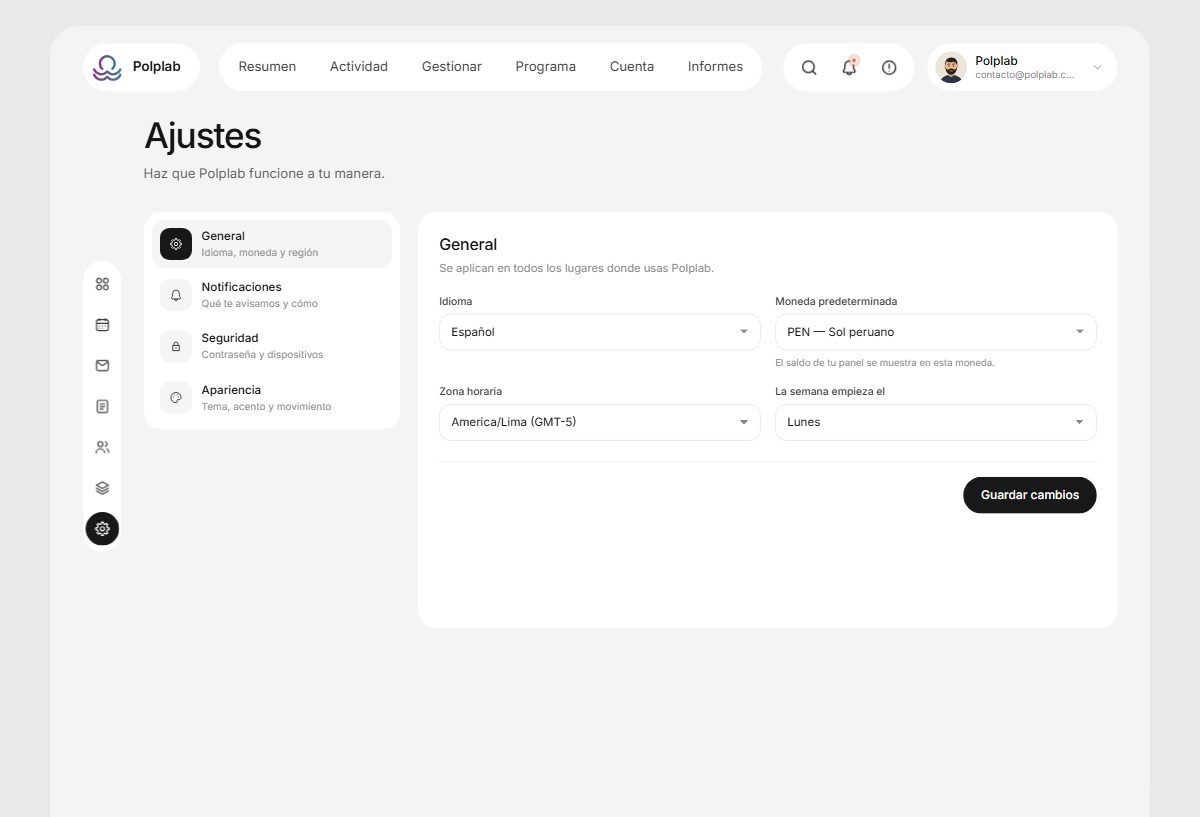 Pantalla de ajustes del Dashboard con selector de idioma